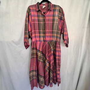 Vintage Shirt Dress Plaid Pink Green Orange Made in the U.S.A. Dropped Arm Hole